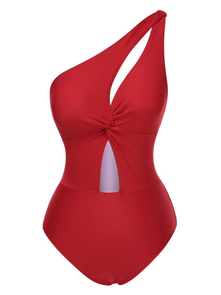 1930s One-Shoulder Cut-Out Solid One-Piece Swimsuit