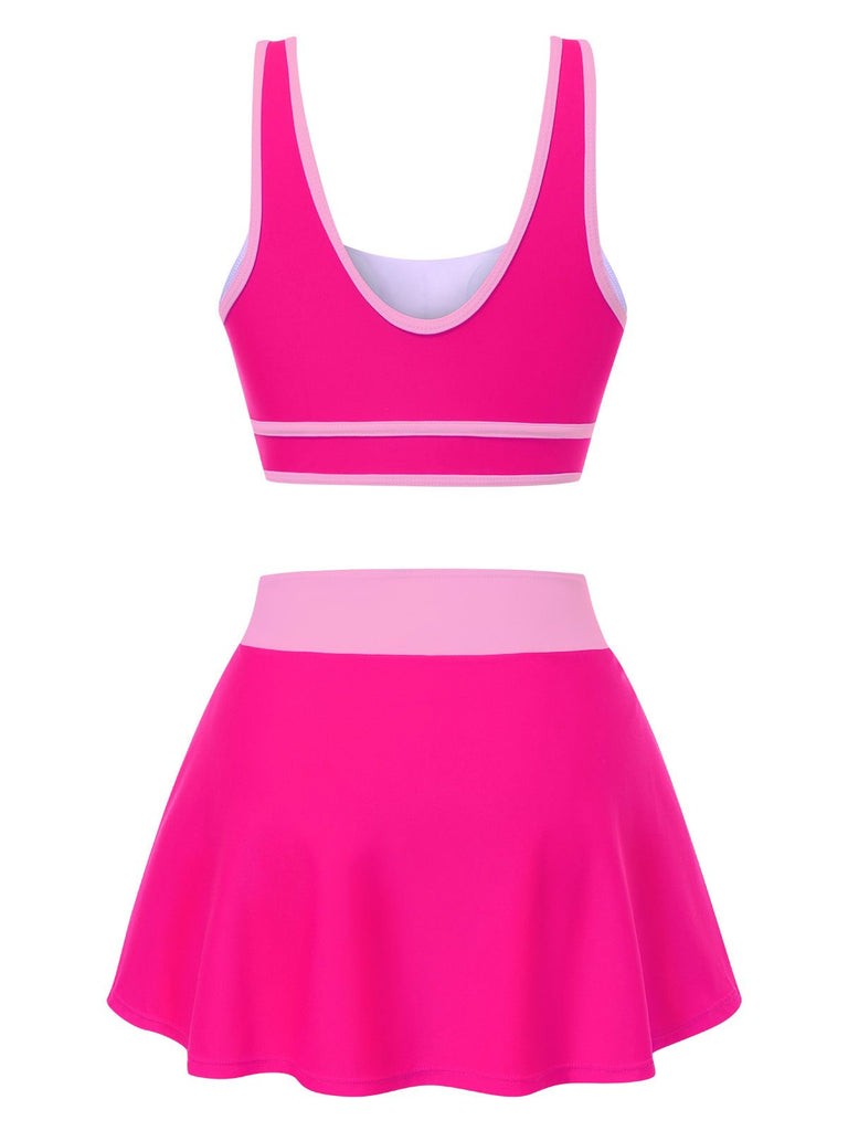 2PCS 1940s Square Neck Side Slit Colorblock Skirt Swimsuit