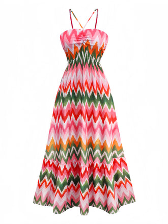 1940s Halter Geometric Print Vacation Dress