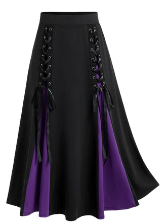 [Plus Size] 1970s Colorblock Lace-Up High-Waist Skirt