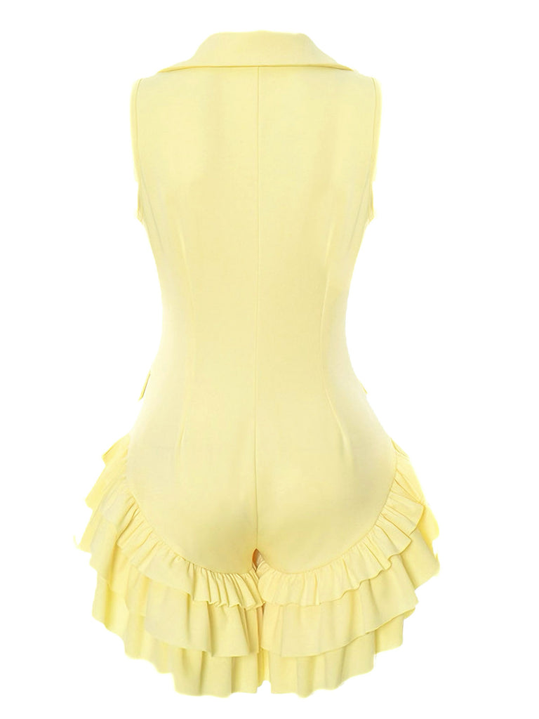 1960s Lapel Button Ruffle Hem Romper