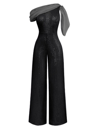 1930s One Shoulder Chiffon Sequined Jumpsuit