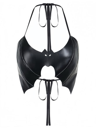 Black 1980s Gothic Bat Lace-Up Halter Top