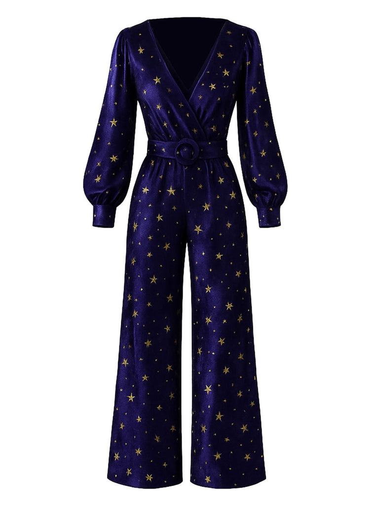 [Pre-Sale] Deep Blue 1950s Star V-Neck Wide-Leg Velvet Jumpsuit
