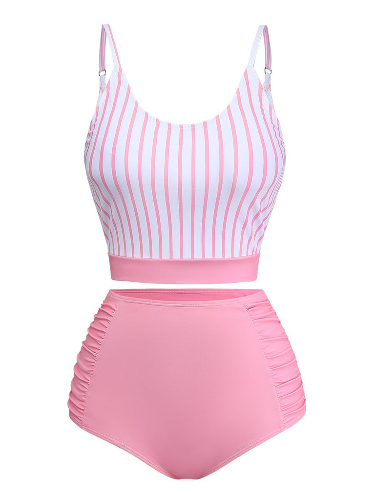 Pink 1950s Striped Bow Tie Back Swimsuit