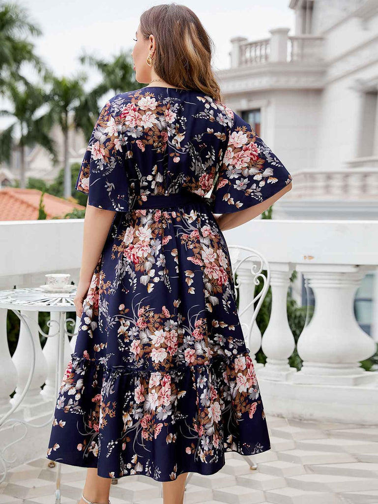 [Plus Size] Navy Blue 1950s V-Neck Floral Dress