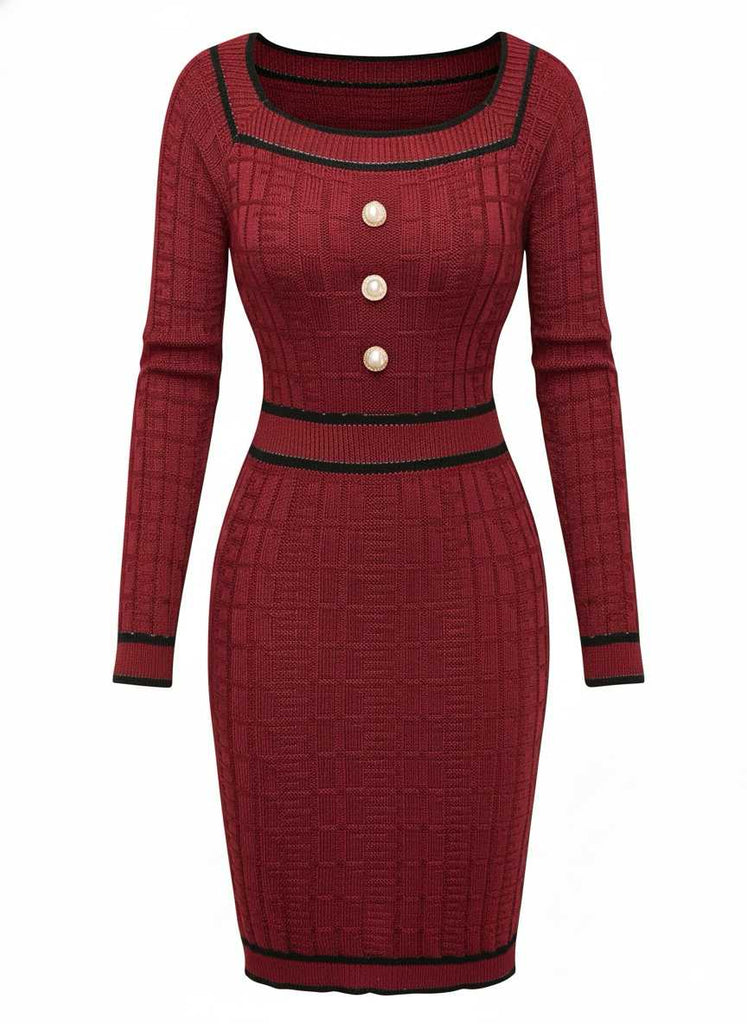 1960s Square Neck Pearl Button Knitted Dress