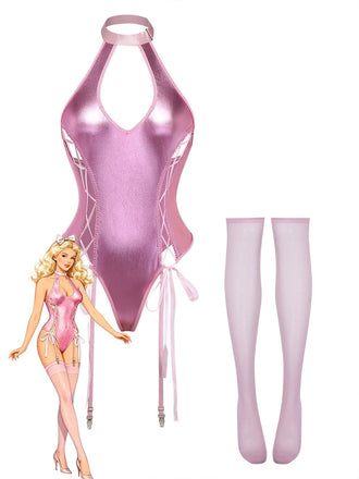 1980s Patent Leather Halter Lace-Up Bodysuit Lingerie Set