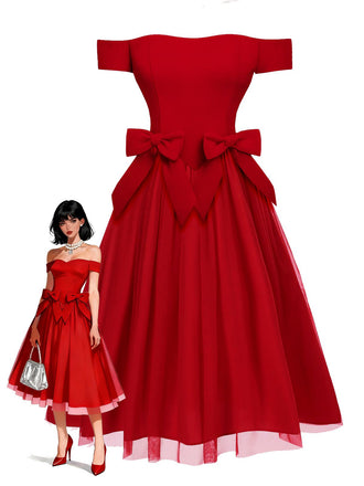 [Pre-Sale] Red 1950s Detachable Bow Off-Shoulder Mesh Dress