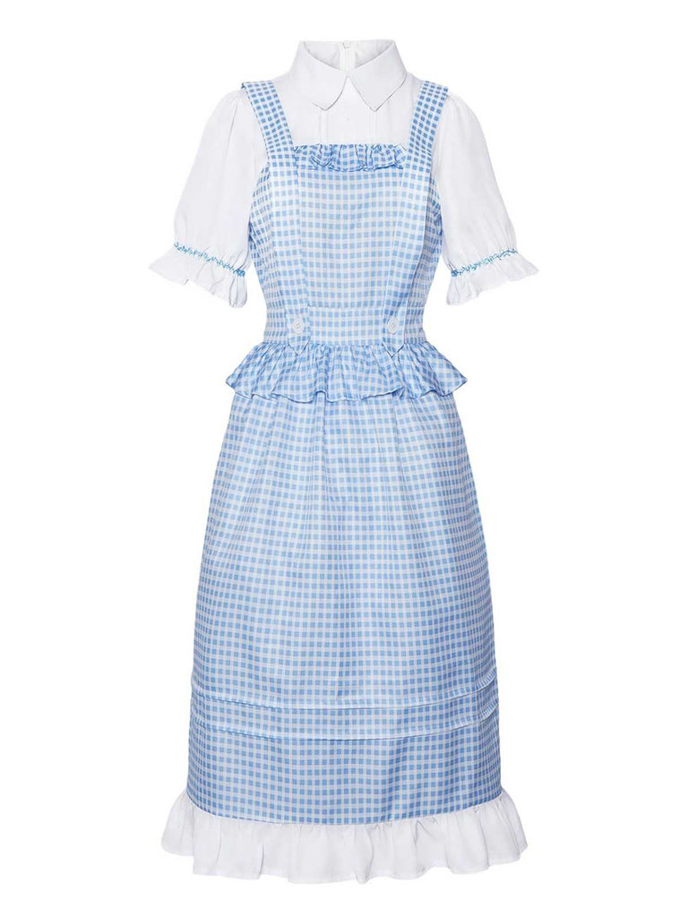 Blue 1970s Gingham Ruffle Puff Sleeve Costume Dress