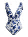 [Pre-Sale] 2PCS Blue 1940s Floral Tie-Shoulder Swimsuit Cover-Up