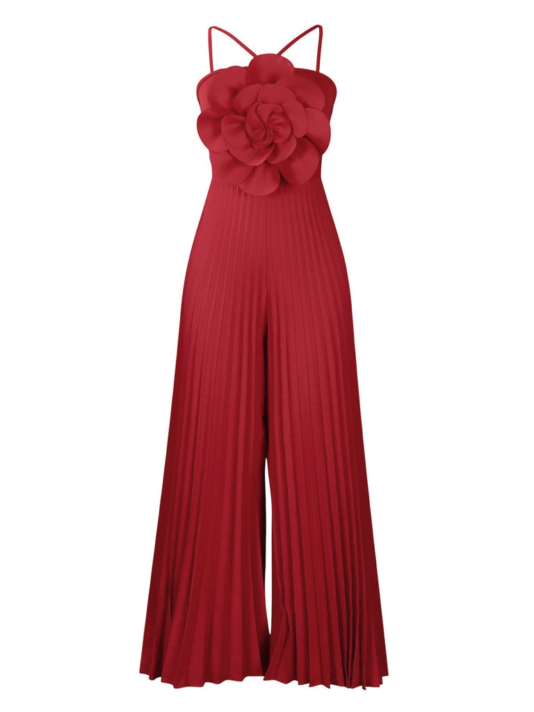 1970s Spaghetti Strap 3D Rose Solid Jumpsuit