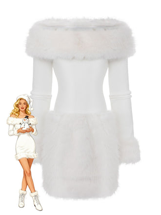 White 1960s Christmas Faux Fur Trim Off-Shoulder Dress