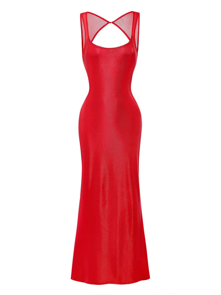 1980s Solid Sequined Mesh Buckle Square Neck Dress