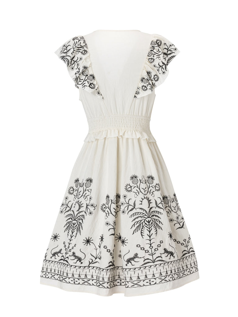 White 1970s V-Neck Floral Boho Ruffles Dress