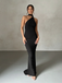 Black 1980s Solid One-Shoulder Evening Backless Dress with Train
