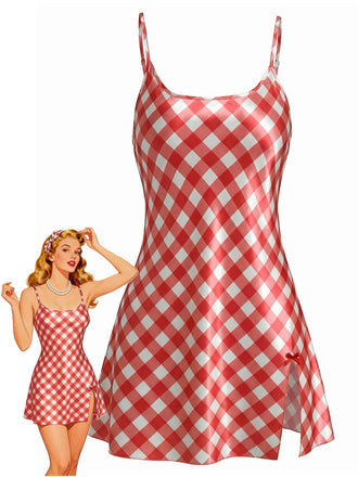1960s Slip Satin Gingham Side Slit Nightgown