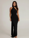 Black 1980s Solid One-Shoulder Evening Backless Dress with Train