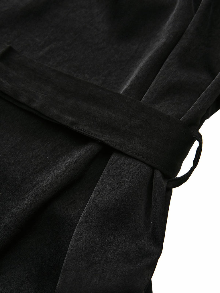 1960s Solid Satin Lace Trim Patchwork Tie Dress