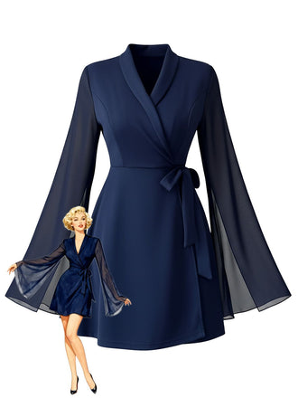 Blue 1980s Solid Slit Mesh Sleeves Bow Lapel Dress