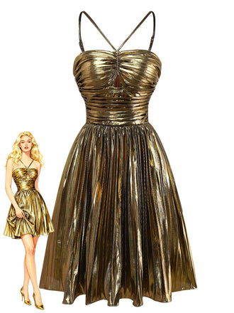 Gold 1960s Metallic Pleated Cutout Party Strap Dress
