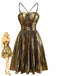 Gold 1960s Metallic Pleated Cutout Party Strap Dress