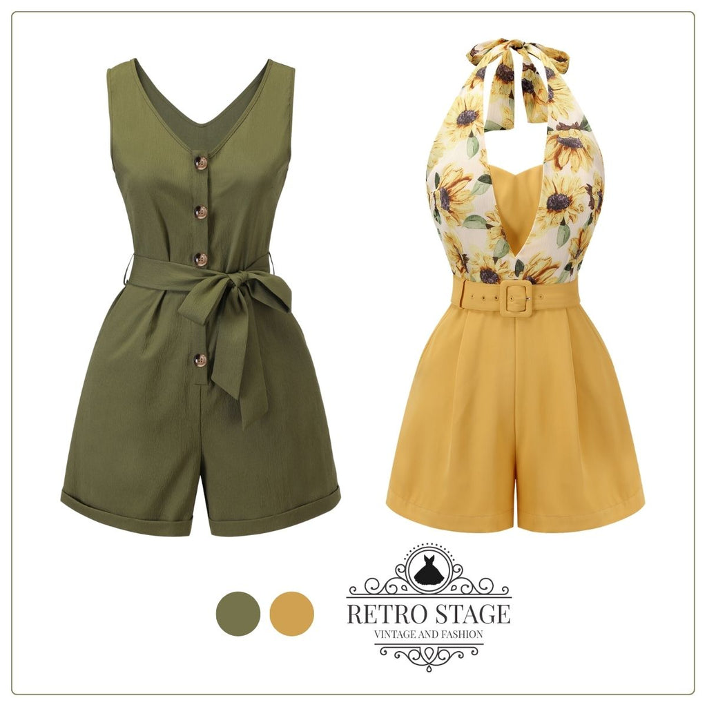 2PCS V-Neck Button Waist Tie Romper & Sunflower Halter Romper