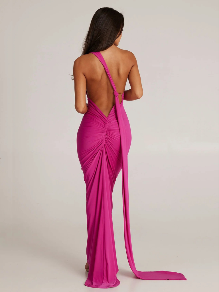 Black 1980s Solid One-Shoulder Evening Backless Dress with Train