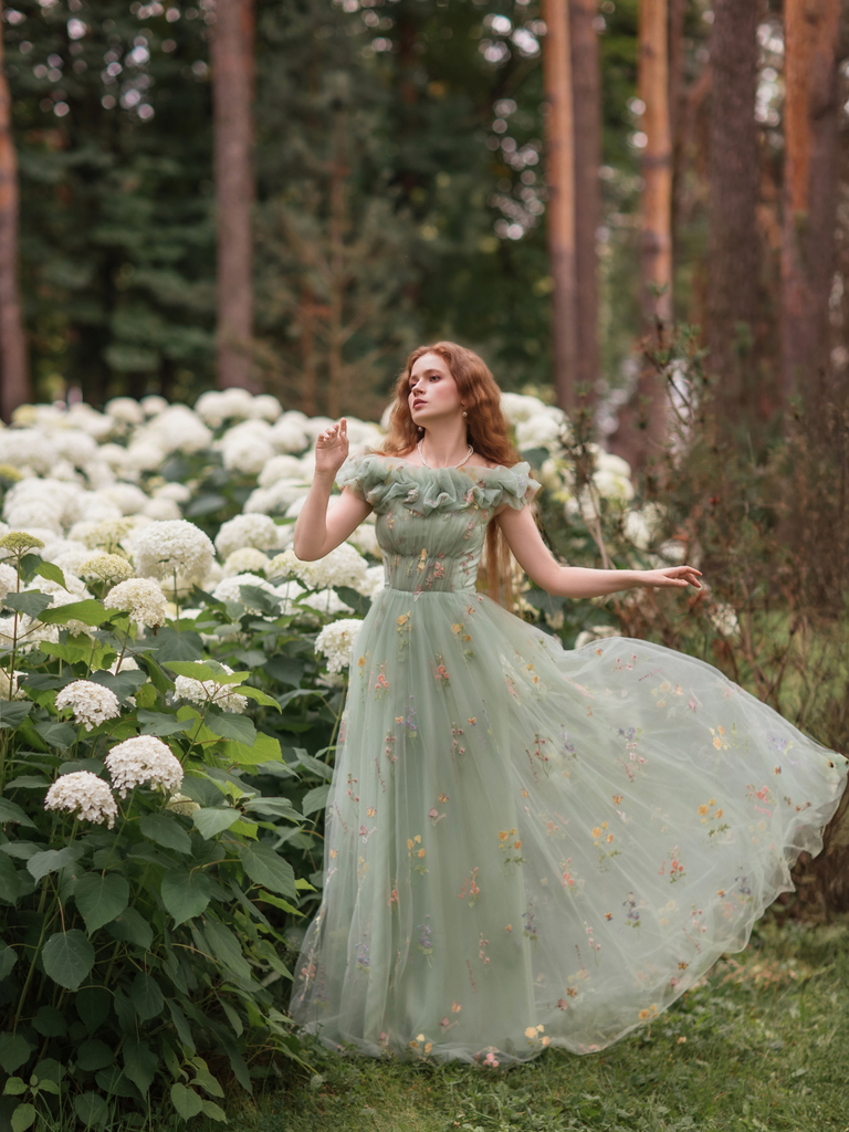 Green 1930s Floral Embroidered Mesh Strapless Dress