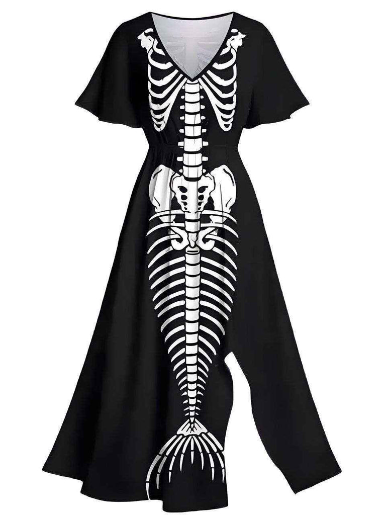 [Pre-Sale] Black 1950s Halloween Skeleton Print Slit Maxi Dress
