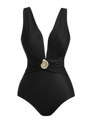 Black 1930s Deep V-Neck Seashell One-Piece Swimsuit