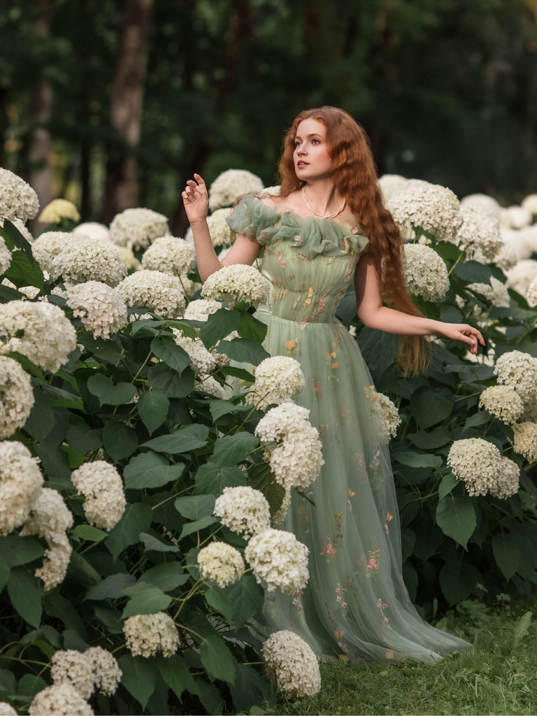 Green 1930s Floral Embroidered Mesh Strapless Dress