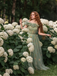Green 1930s Floral Embroidered Mesh Strapless Dress