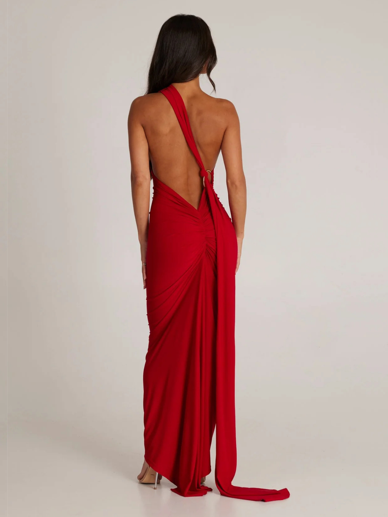 Black 1980s Solid One-Shoulder Evening Backless Dress with Train