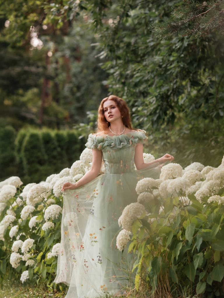 Green 1930s Floral Embroidered Mesh Strapless Dress