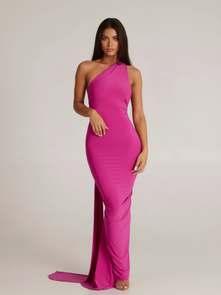 Black 1980s Solid One-Shoulder Evening Backless Dress with Train