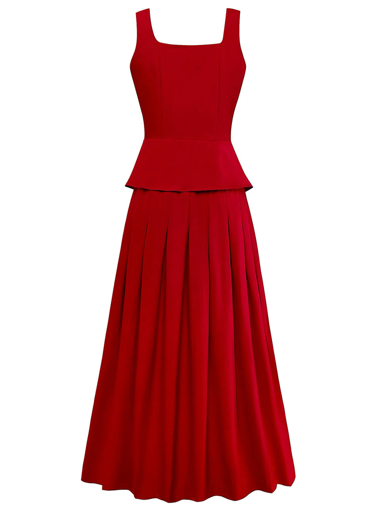 2PCS Red 1940s Square Neck Sleeveless Vest & Skirt
