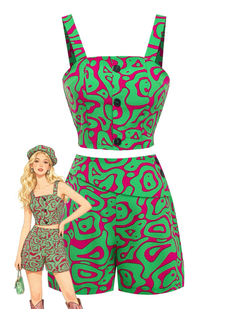 2PCS Green 1970s Button Abstract Print Cropped Top & Shorts