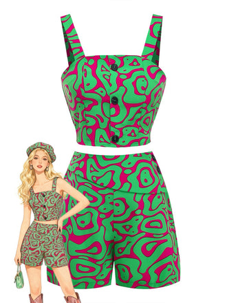 2PCS Green 1970s Button Abstract Print Cropped Top & Shorts
