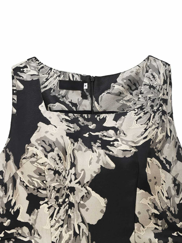 Black 1950s Jacquard Floral Dress With Belt