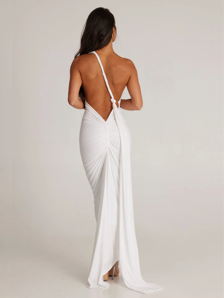 Black 1980s Solid One-Shoulder Evening Backless Dress with Train