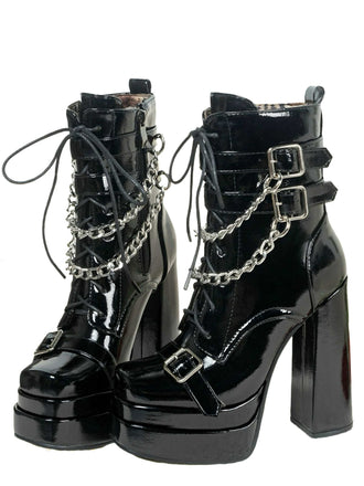 Black Patent Chains Gothic High Heels Boots