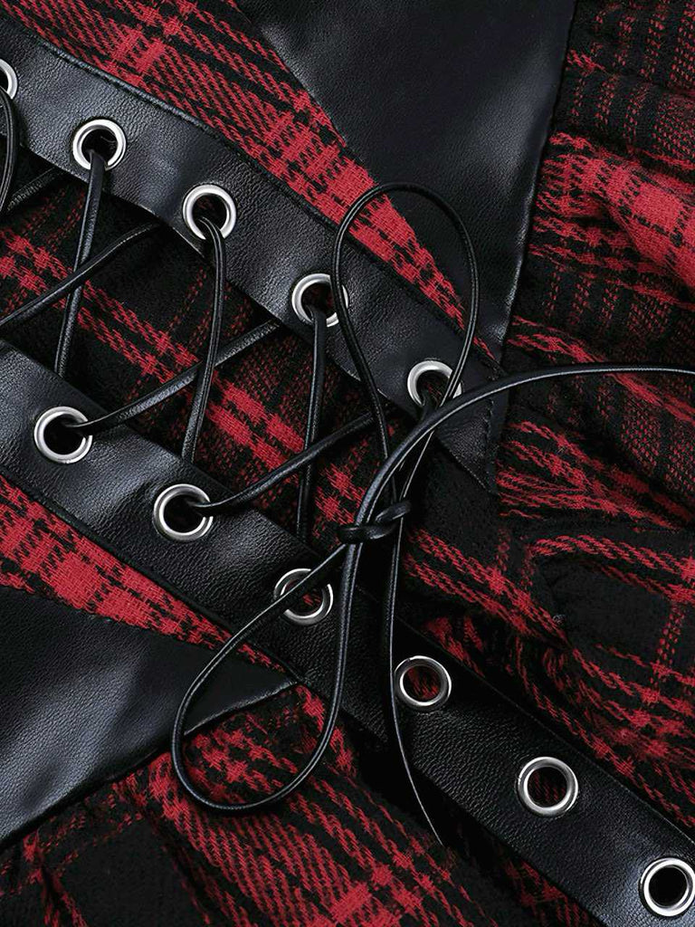 1980s Gothic Punk Leather Plaids Corset Dress