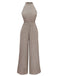 Beige 1930s Geometric Pattern Halter Sleeveless Jumpsuit