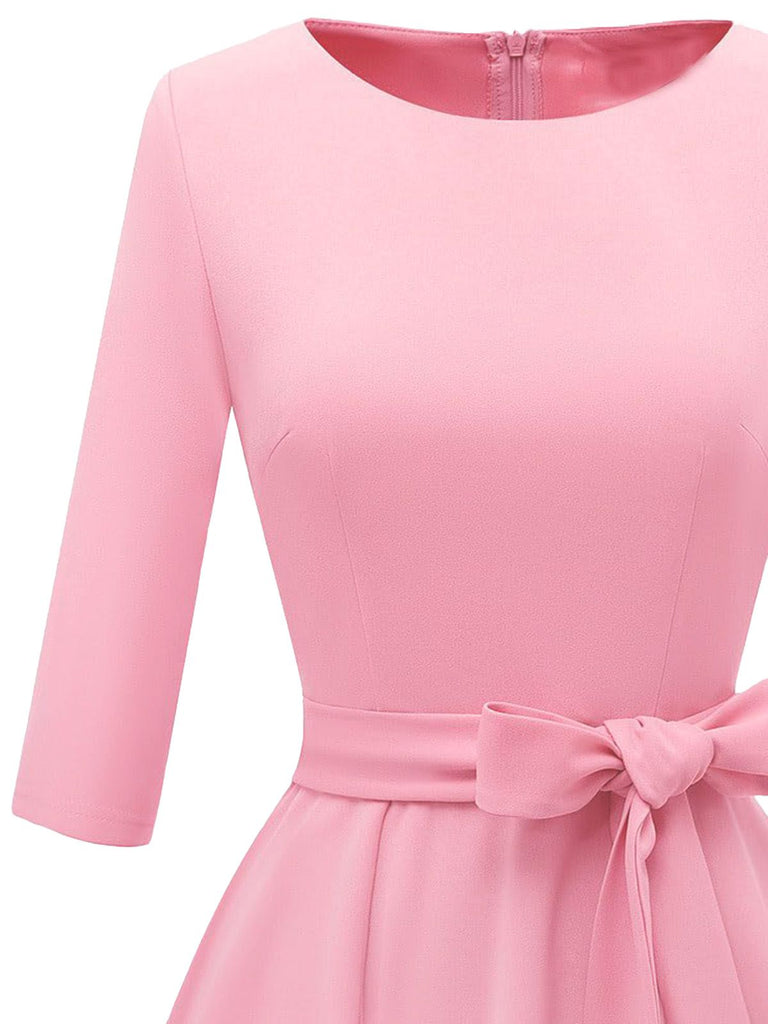 1940s Solid Fit Bow 3/4 Sleeves Swing Dress