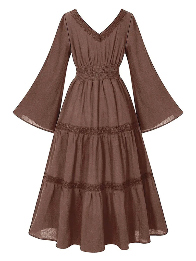 Brown 1970s Victorian Style Square Neck Lace Dress