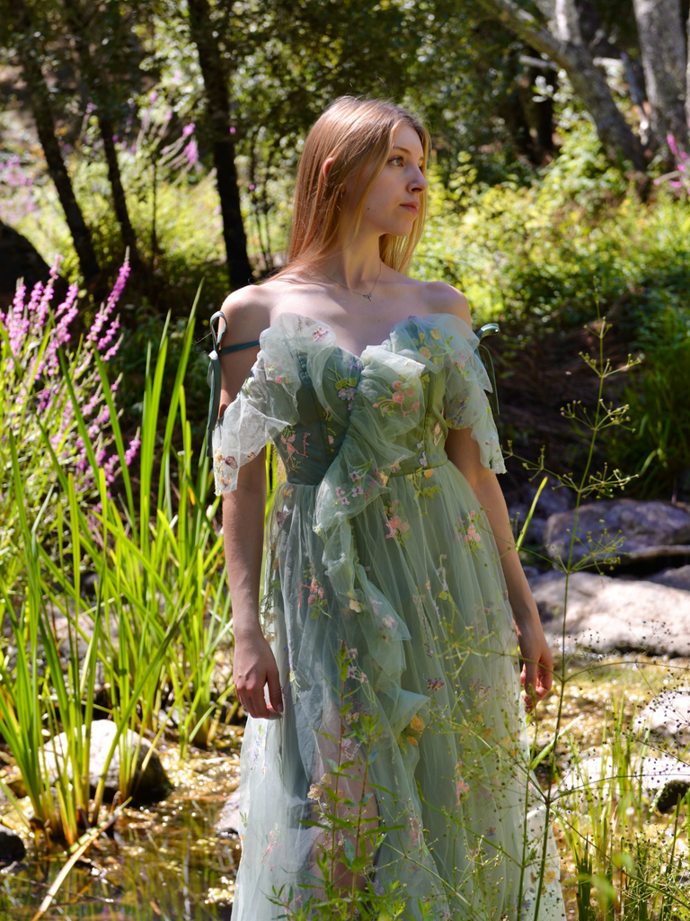 1970s Slip Floral Embroidered Mesh Slit Dress