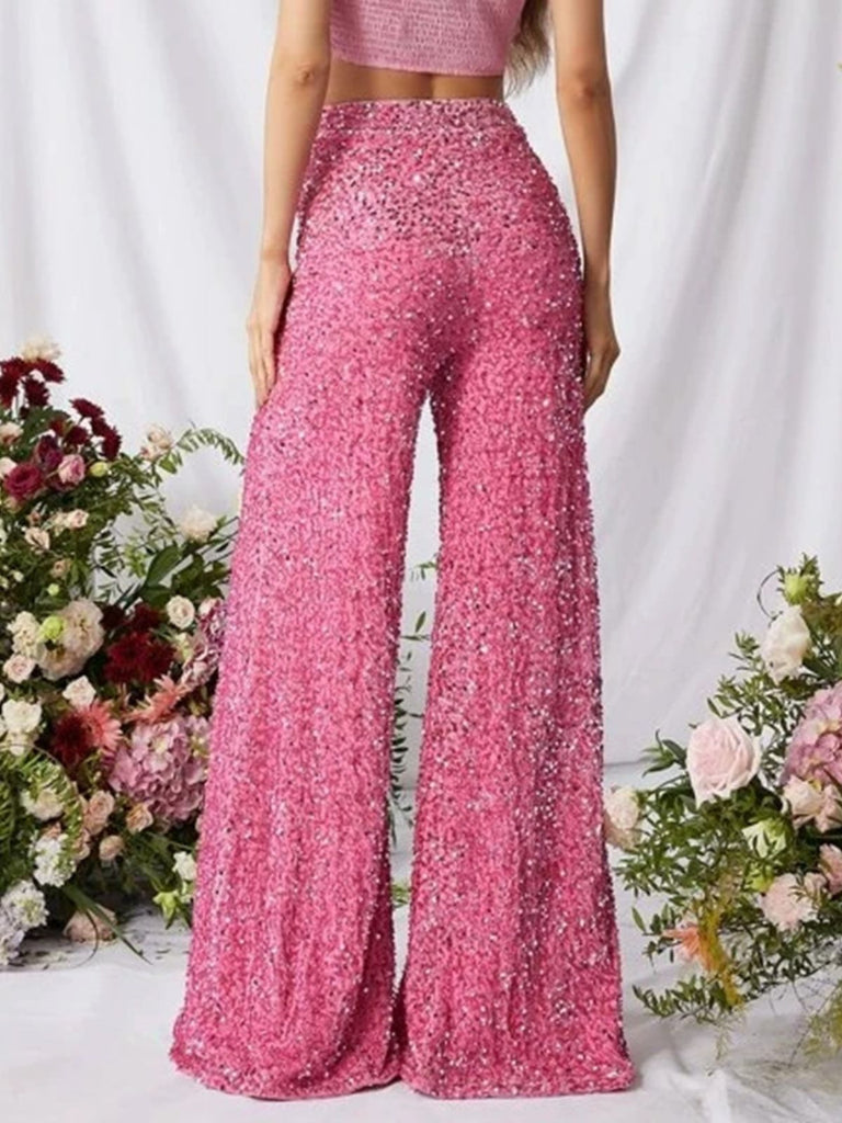 1970s Solid Sequined Disco Wide Leg Pants