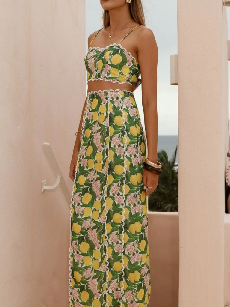 2PCS 1960s Lace Lemon Slip Top & Maxi Skirt