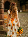 Orange 1950s Sunflower Sweetheart Neck Dress